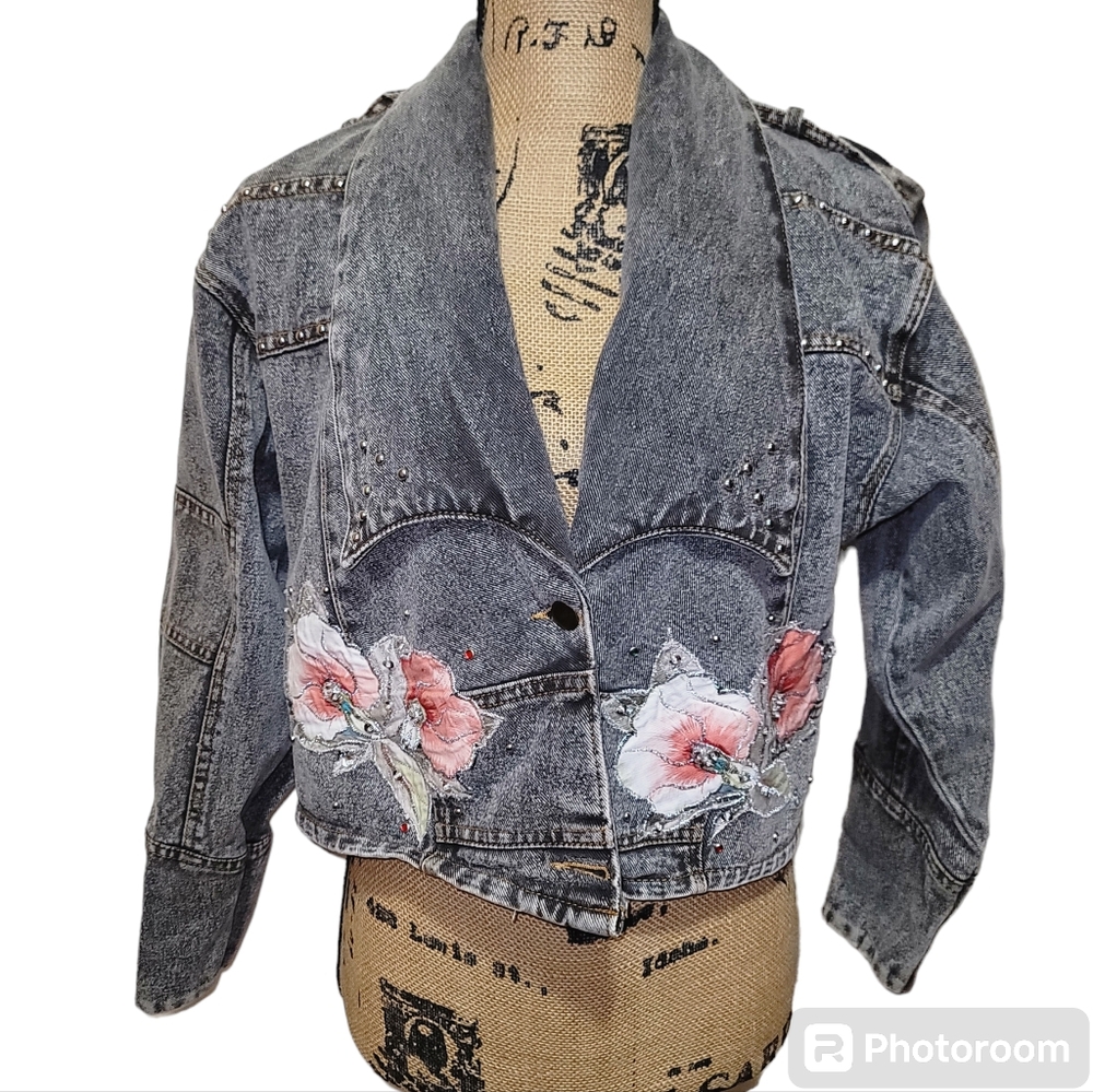 Abarami Vtg 80s Women MEDIUM Cropped Jean Embellished Jacket  Bohemian Retroglam